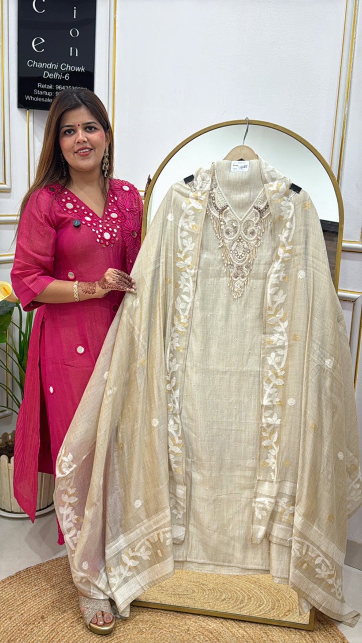 Designer Pure Soft Moonga Silk Jamdhani Weaved Suit Material with Elegant Neck Detailing & Premium Weaved Dupatta GF 374
